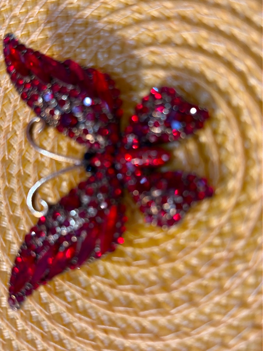 2 3/4 in Sparkling rhinestone butterfly brooch in shades of red